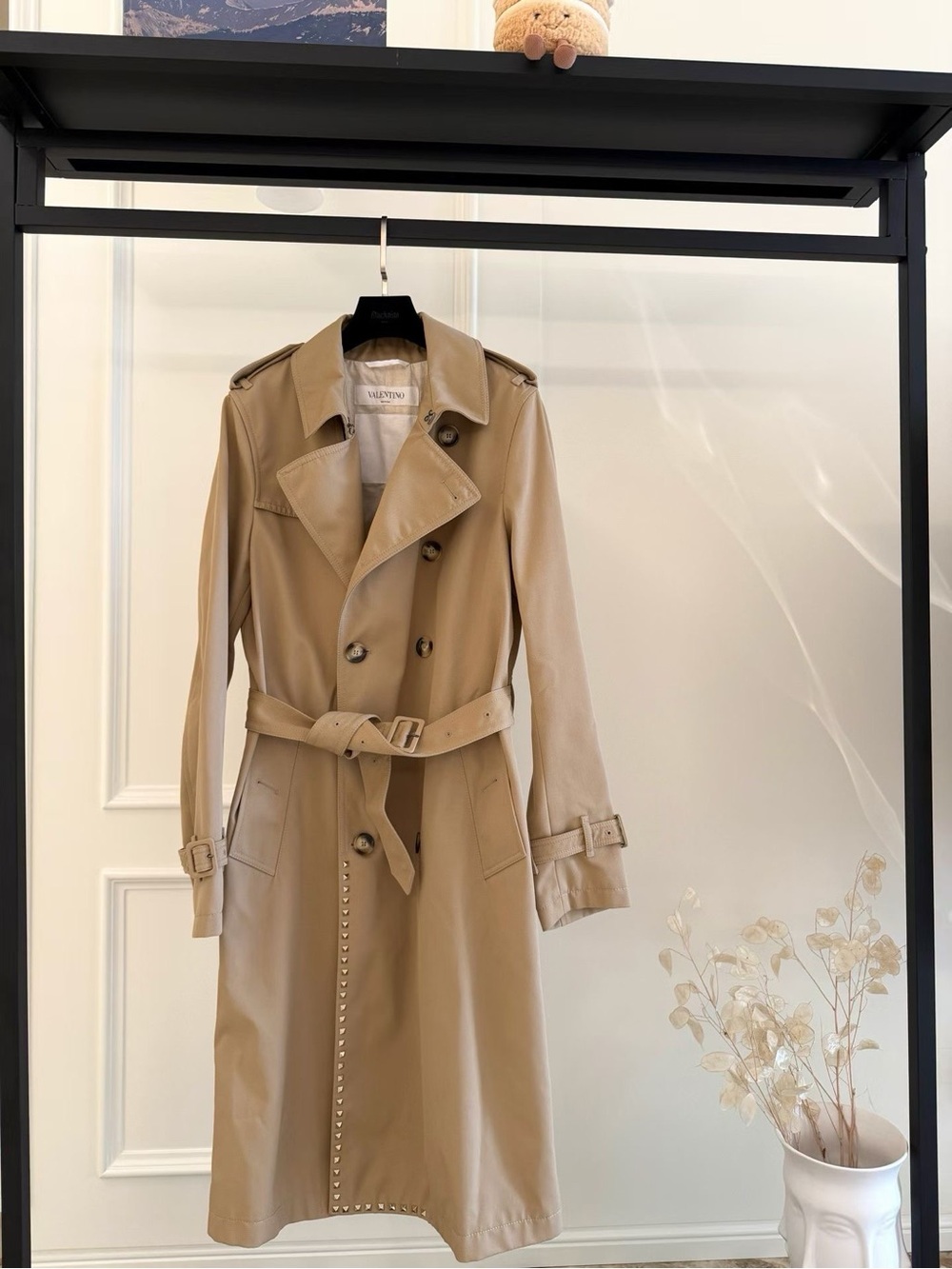 Valentino Camel Trench Coat with Studded Front